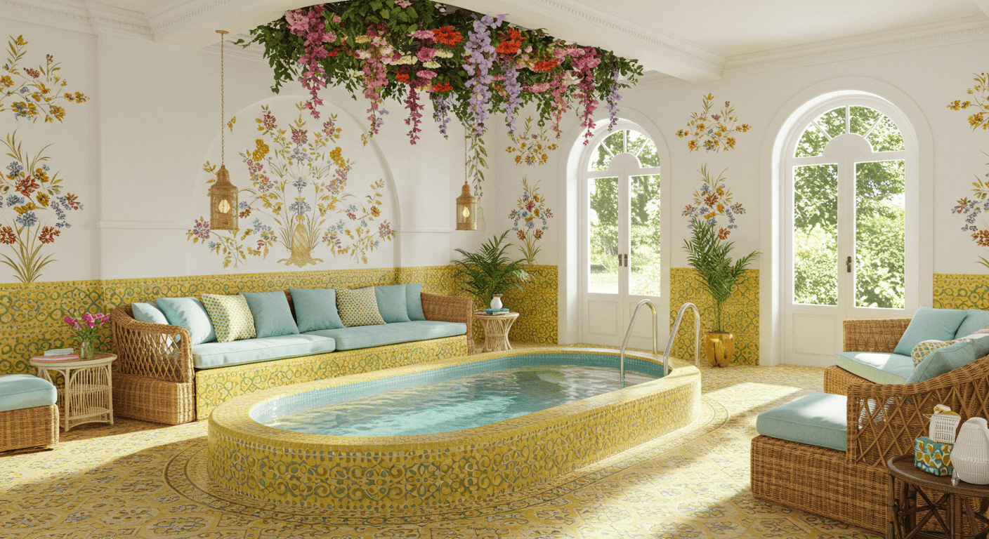 Rustic Meets Bohemian Design a Colorful Indoor Pool Escape (1)